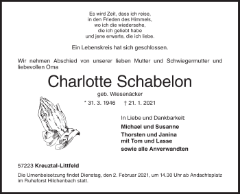 Traueranzeige von Charlotte Schabelon von Siegener Zeitung