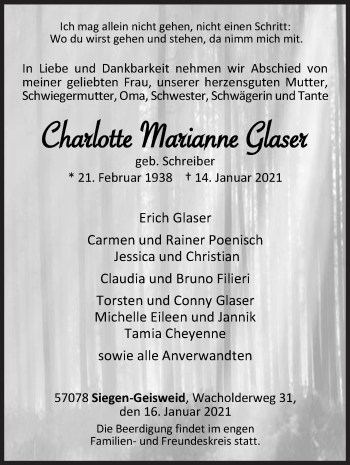 Traueranzeige von Charlotte Marianne Glaser von Siegener Zeitung