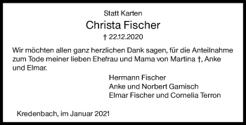 Traueranzeige von Christa Fischer von Siegener Zeitung
