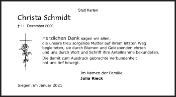 Traueranzeige von Christa Schmidt von Siegener Zeitung