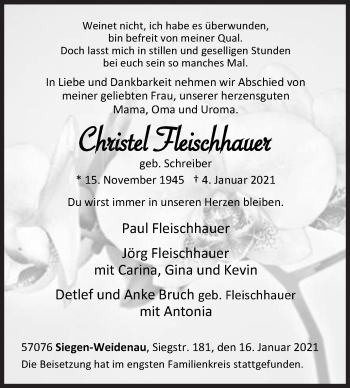 Traueranzeige von Christel Fleischhauer von Siegener Zeitung