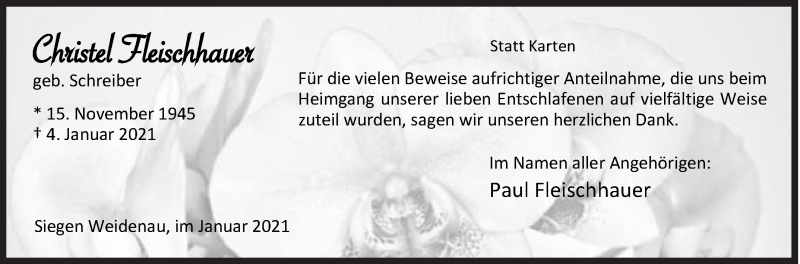  Traueranzeige für Christel Fleischhauer vom 23.01.2021 aus Siegener Zeitung