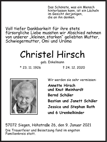 Traueranzeige von Christel Hirsch von Siegener Zeitung