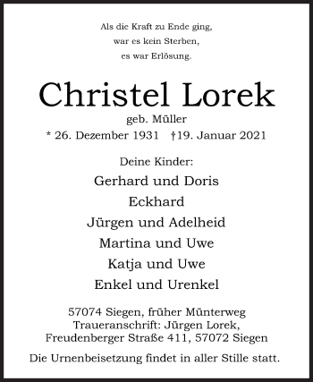Traueranzeige von Christel Lorek von Siegener Zeitung
