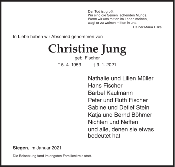 Traueranzeige von Christine Jung von Siegener Zeitung