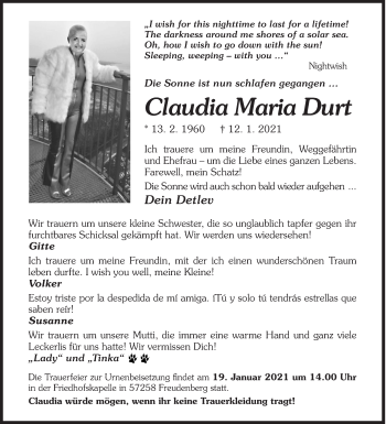 Traueranzeige von Claudia Maria Durt von Siegener Zeitung