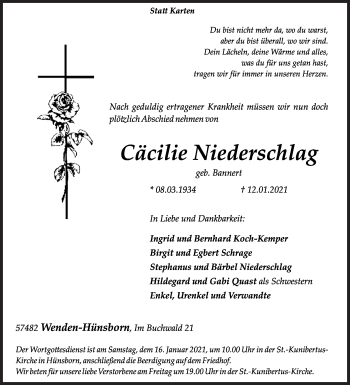 Traueranzeige von Cäcilie Niederschlag von Siegener Zeitung