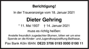 Traueranzeige von Dieter Gehring von Siegener Zeitung