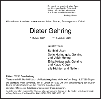 Traueranzeige von Dieter Gehring von Siegener Zeitung