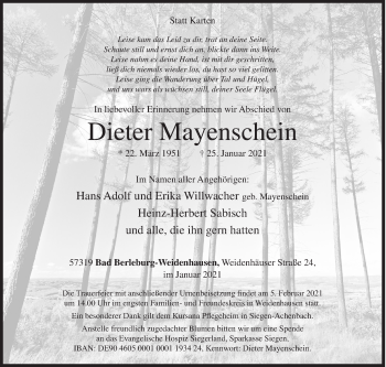 Traueranzeige von Dieter Mayenschein von Siegener Zeitung