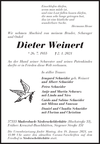 Traueranzeige von Dieter Weinert von Siegener Zeitung