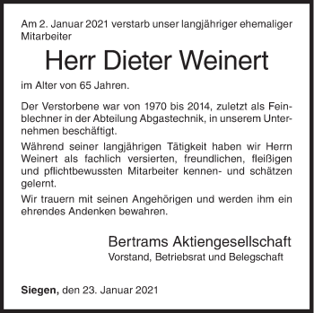 Traueranzeige von Dieter Weinert von Siegener Zeitung