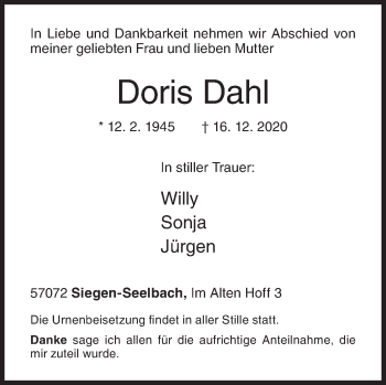 Traueranzeige von Doris Dahl von Siegener Zeitung
