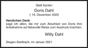 Traueranzeige von Doris Dahl von Siegener Zeitung
