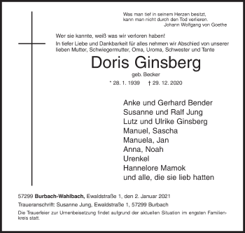 Traueranzeige von Doris Ginsberg von Siegener Zeitung