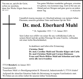 Traueranzeige von Eberhard Muhl von Siegener Zeitung