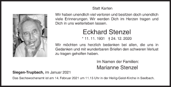 Traueranzeige von Eckhard Stenzel von Siegener Zeitung