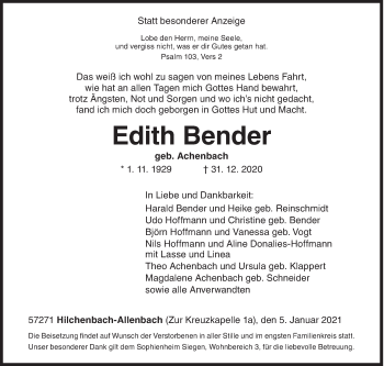 Traueranzeige von Edith Bender von Siegener Zeitung