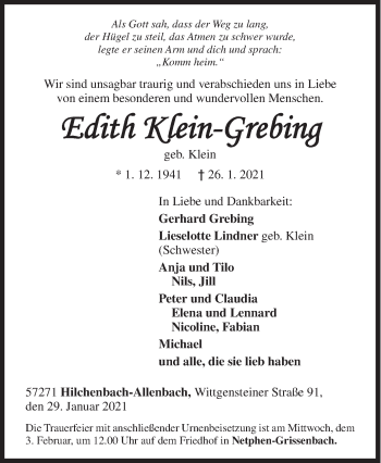 Traueranzeige von Edith Klein-Grebing von Siegener Zeitung
