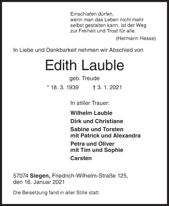 Traueranzeige von Edith Lauble von Siegener Zeitung