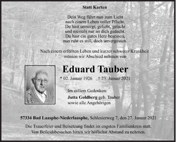 Traueranzeige von Eduard Tauber von Siegener Zeitung
