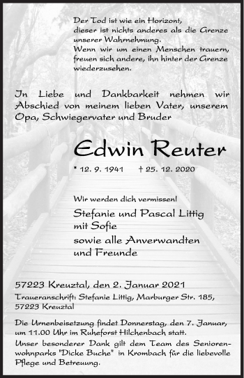 Traueranzeige von Edwin Reuter von Siegener Zeitung