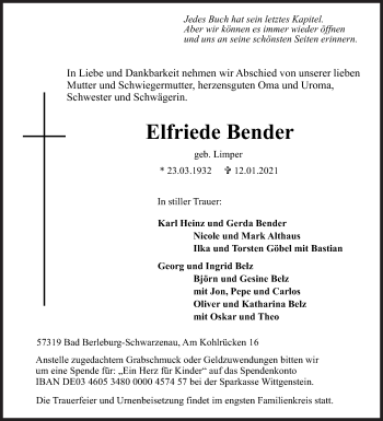 Traueranzeige von Elfriede Bender von Siegener Zeitung