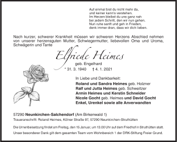 Traueranzeige von Elfriede Heimes von Siegener Zeitung