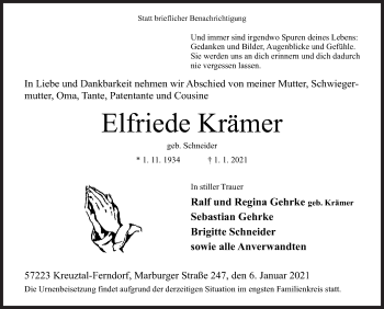 Traueranzeige von Elfriede Krämer von Siegener Zeitung