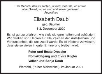 Traueranzeige von Elisabeth Daub von Siegener Zeitung