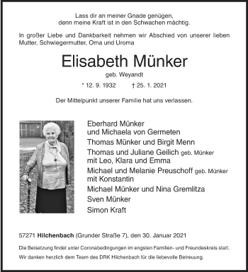 Traueranzeige von Elisabeth Münker von Siegener Zeitung