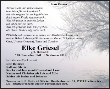 Traueranzeige von Elke Griesel von Siegener Zeitung