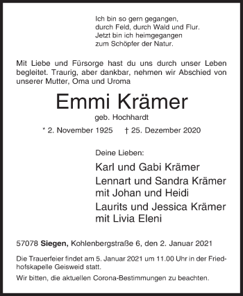 Traueranzeige von Emmi Krämer von Siegener Zeitung