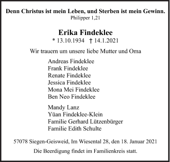 Traueranzeige von Erika Findeklee von Siegener Zeitung