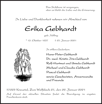 Traueranzeige von Erika Gebhardt von Siegener Zeitung