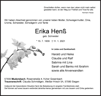 Traueranzeige von Erika Henß von Siegener Zeitung
