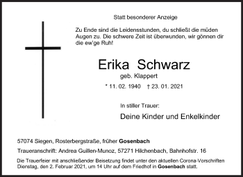 Traueranzeige von Erika Schwarz von Siegener Zeitung