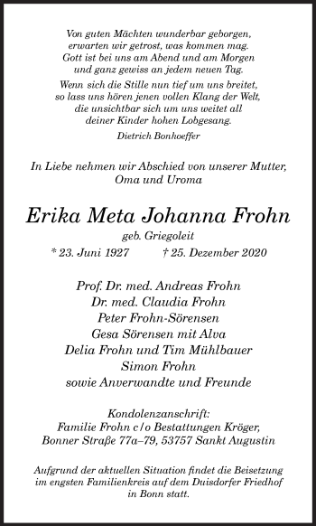Traueranzeige von Erika Meta Johanna Frohn von Siegener Zeitung