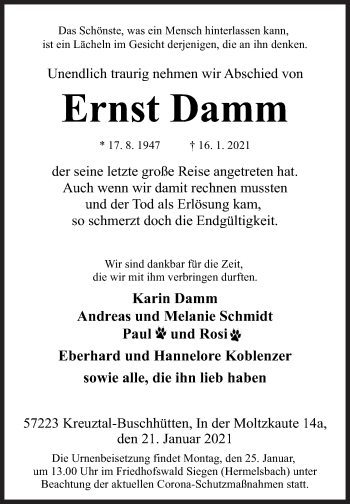 Traueranzeige von Ernst Damm von Siegener Zeitung