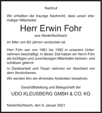 Traueranzeige von Erwin Fohr von Siegener Zeitung