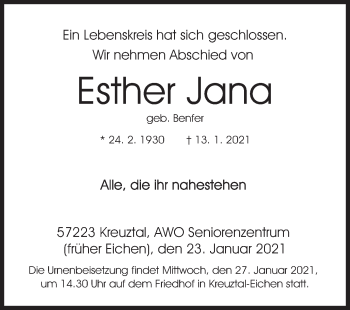 Traueranzeige von Esther Jana von Siegener Zeitung