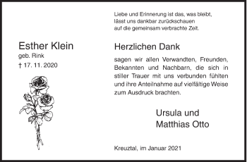 Traueranzeige von Esther Klein von Siegener Zeitung
