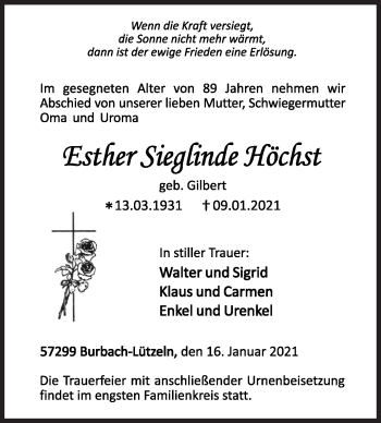 Traueranzeige von Esther Sieglinde Höchst von Siegener Zeitung