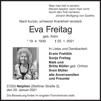 Traueranzeige von Eva Freitag von Siegener Zeitung