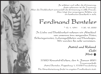 Traueranzeige von Ferdinand Benteler von Siegener Zeitung