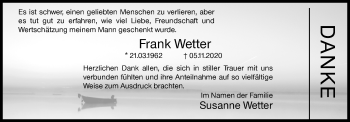 Traueranzeige von Frank Wetter von Siegener Zeitung