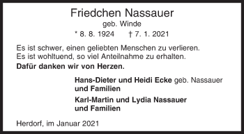 Traueranzeige von Friedchen Nassauer von Siegener Zeitung