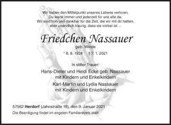 Traueranzeige von Friedchen Nassauer von Siegener Zeitung