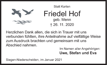Traueranzeige von Friedel Hof von Siegener Zeitung