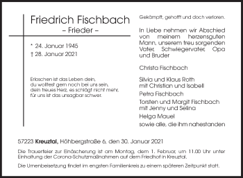 Traueranzeige von Friedrich Fischbach von Siegener Zeitung